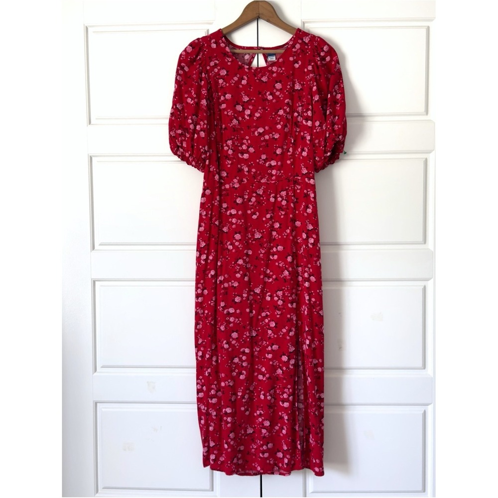 Old Navy Floral Midi Dress Womens Large Red Prairie Boho Cottagecore Puff Sleeve